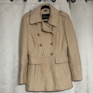 GUESS Womens Beige Wool Blend Double Breasted Button-Up Lined  Coat- Size Medium